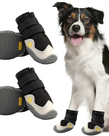 AQH Buty dla psa, 4 sztuki, oddychające buty dla psów z odblaskowymi paskami, mikrofibra, skóra, gumowa podeszwa, ochrona łap psa (B, 4#)