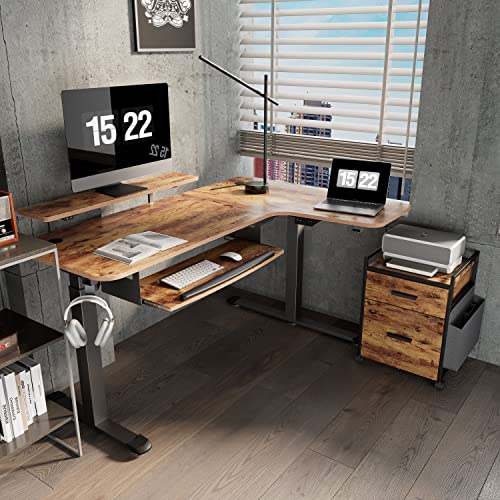 EUREKA ERGONOMIC Biurko z regulacją wysokości 155 x 110 cm, z regulacją wysokości, elektryczne, duży stół do gier, w kształcie litery L, podwójny silnik z możliwością zarządzania kablami i funkcją pamięci - obrazek 8