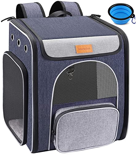 morpilot plecak do noszenia dla kotów, składany plecak dla zwierząt domowych dla kotów i małych psów, oddychający plecak nosidełkowy dla psa z wewnętrzną smyczą zabezpieczającą składana miska dla psa, idealny do wędrówek w podróży do użytku na świeżym powietrzu