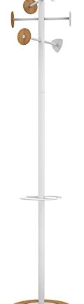 Unilux BORA BAMBOO wieszak stojący biały bambus, 6 wieszaków na ubrania, uchwyt na parasole i ociekacz