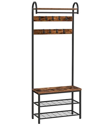HOOBRO Garderoba, wieszak na ubrania, regał na buty z siedziskiem, stojak na ubrania z 9 haczykami, ławka do siedzenia, drążek na ubrania, wysokość 182 cm, korytarz, salon, metalowa rama, brązowo-czarny EBF13MT01