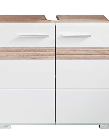 Furnline szafka łazienkowa pod umywalką zestaw jeden biały wysoki połysk, drewno