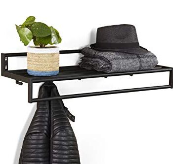 LIFA LIVING Czarna garderoba ścienna z metalu z 5 haczykami, garderoba z półką na ścianę, haczyki na ubrania, listwa garderobiana, 75 x 26 x 19,5 cm