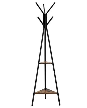 VASAGLE Wieszak na ubrania w kształcie drzewa, wolnostojąca garderoba, wzornictwo przemysłowe, z 2 półkami, na ubrania, kapelusze, torby, brązowo-czarny RCR16BXV1