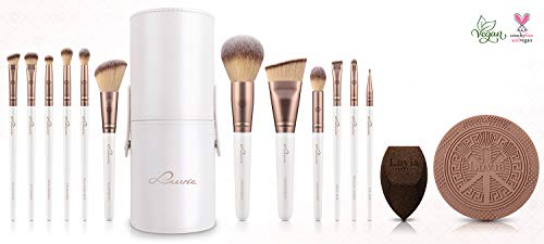 Zestaw pędzli do makijażu Luvia, Prime Vegan Pro, 12 pędzli do makijażu, w tym pojemnik na pędzle, gąbka do blendowania i mata do czyszczenia pędzli kosmetycznych, w perłowa biel i kawowy brąz - obrazek 8
