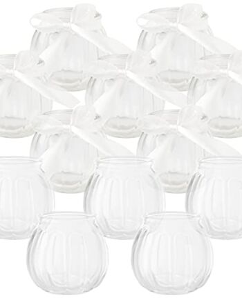 BELLE VOUS Zestaw przezroczystych szklanych świeczników na świeczki typu tealight z białą tasiemką (opakowanie 12 szt.) – szklane wazony do dekoracji stołu w stylu vintage, na wesela, imprezy, do dekoracji domu, jako dekoracja stołu i prezent