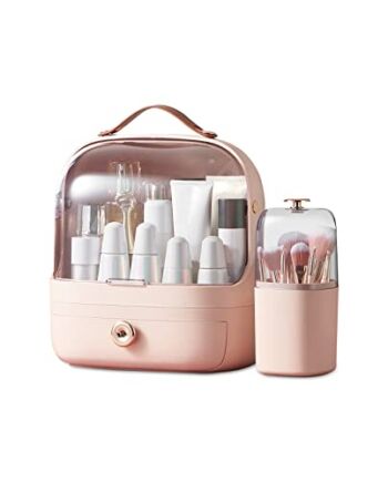 Galatée Wielofunkcyjny futerał na makijaż, pyłoszczelne pudełko do przechowywania kosmetyków, produkty do pielęgnacji skóry, organizer na biżuterię, pudełko wykończeniowe, sypialnia, łazienka, biurko, różowy + uchwyt na szczotkę)