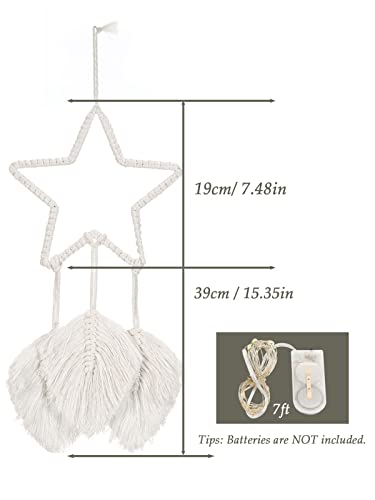 Shinowa Łapacz snów w kształcie gwiazdy, bawełniany, tkany, wiszący łapacz snów z łańcuchem świateł, makrama, dekoracja ścienna, artystyczna, kreatywny frędzle, wiszące do domu, boho, ozdoba rzemiosło, beżowy - obrazek 3