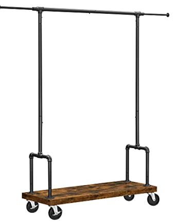 VASAGLE wieszak na kółkach, wieszak na ubrania z drążkiem na ubrania, wysuwany, wieszak na ubrania do przedpokoju, z półką i kółkami, wzornictwo przemysłowe, vintage brązowo-czarny RGR110B01