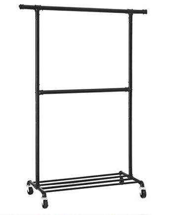 SONGMICS Wieszak na ubrania w stylu industrialnym, obciążenie do 110 kg, wieszak na ubrania na kółkach, 2 drążki na ubrania, z metalu, dobrze obciążalny, prezentacja w sklepie, czarny HSR62BK