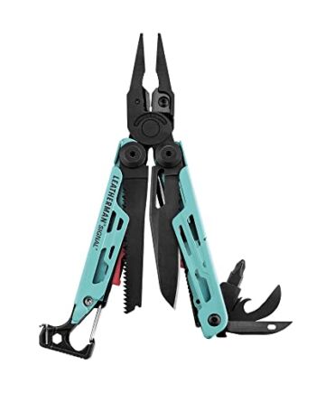 LEATHERMAN - Sygnał, narzędzie wielofunkcyjne do użytku na zewnątrz, z krzesiwem, ostrzałką do ostrzy i gwizdkiem sygnałowym, Aqua z nylonową kaburą