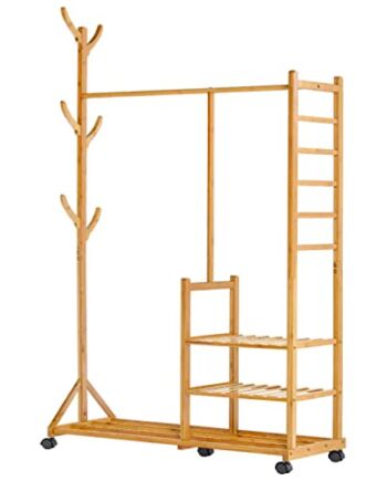 Yorbay wieszak garderobiany, bambusowy wieszak na ubrania z kółkami i drążkiem na ubrania, 3 półki, 6 haczyków, kształt drzewa, 100 x 38 x 176 cm, naturalny