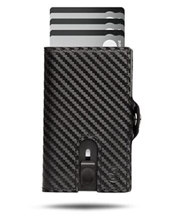 SLIMJACK® Jackster Wallet etui na karty kredytowe z zabezpieczeniem RFID, portfel dla mężczyzn, slim wallet z przegródką na monety, klips z aluminium, ze skóry, włókna węglowego, smart wallet na karty i monety, carbon