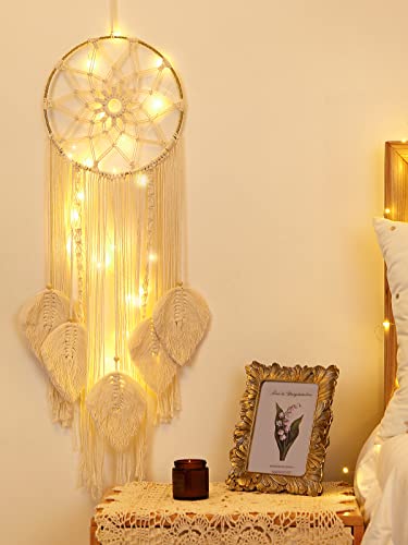 Shinowa Okrągły łapacz snów, bawełna tkana ozdoba ścienna z łańcuchem świetlnym i 5 listkami frędzlami, makrama, dekoracja ścienna, styl boho, w kształcie gwiazdy, łapacz snów, do sypialni, salonu, na wesele, beżowy - obrazek 7