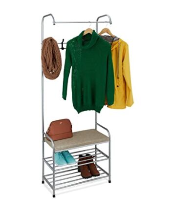 Relaxdays Garderoba z półką na buty i ławką do siedzenia, metalowa, stojąca, garderoba do przedpokoju z 4 haczykami, wys. x szer. x gł.: 173 x 64 x 30 cm, szara