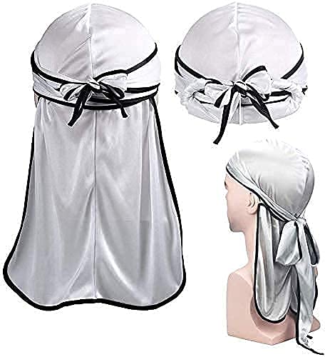 LEEQ Silky Durag długie ogon opaski na głowę szerokie paski czapka pirackie gładka czapka (kolor: zestaw 1, 3 sztuki) - obrazek 7