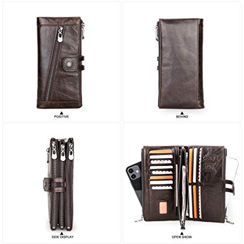 Contacts Portfel z prawdziwej skóry dla mężczyzn, duża pojemność rozkładana książeczka czekowa organizer sprzęgło, 3 torebki na zamek błyskawiczny długi portfel z 12 przegródkami na karty (kawowy), Kawa, Jeden rozmiar, Vintage - obrazek 6