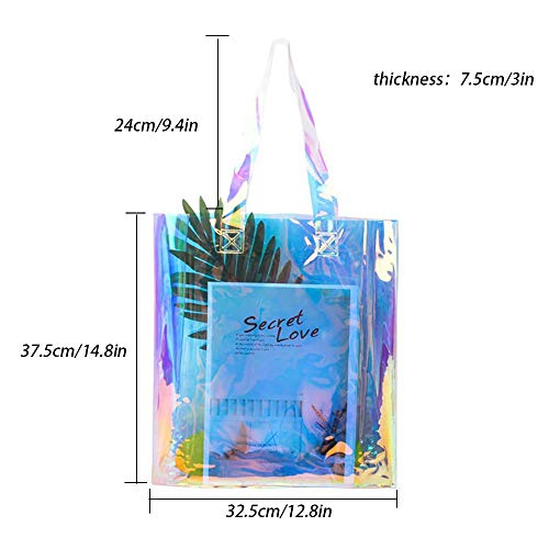 LTHERMELK Przezroczysta torba plażowa w kolorach tęczy, do przechowywania na zewnątrz, duża torba na ramię, przezroczysty, 39.88 x 7.62 x 29.97 cm - obrazek 3