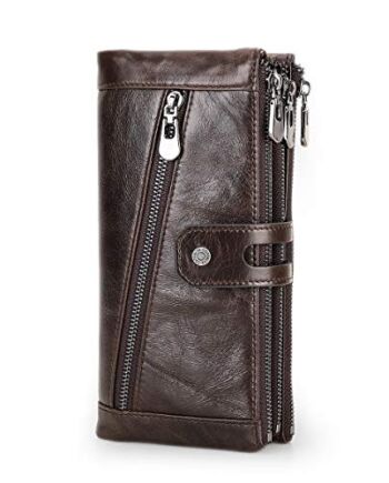 Contacts Portfel z prawdziwej skóry dla mężczyzn, duża pojemność rozkładana książeczka czekowa organizer sprzęgło, 3 torebki na zamek błyskawiczny długi portfel z 12 przegródkami na karty (kawowy), Kawa, Jeden rozmiar, Vintage