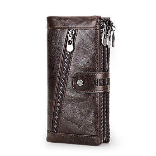 Contacts Portfel z prawdziwej skóry dla mężczyzn, duża pojemność rozkładana książeczka czekowa organizer sprzęgło, 3 torebki na zamek błyskawiczny długi portfel z 12 przegródkami na karty (kawowy), Kawa, Jeden rozmiar, Vintage
