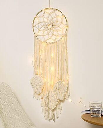 Shinowa Koło łapacz snów, bawełniana tkanina ścienna wiszący księżyc łapacz snów z wróżkami okrągła makrama dekoracja ścienna boho dekoracja kreatywna frędzle dom wiszące boho ozdoba rzemiosło, beżowy