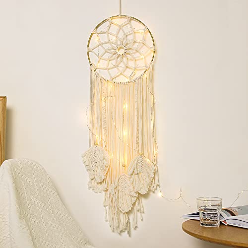 Shinowa Koło łapacz snów, bawełniana tkanina ścienna wiszący księżyc łapacz snów z wróżkami okrągła makrama dekoracja ścienna boho dekoracja kreatywna frędzle dom wiszące boho ozdoba rzemiosło, beżowy