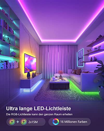 Nallee taśma LED RGB 5050, 30 m, synchronizacja z muzyką, łańcuch świetlny LED z 44 przyciskami, pilot zdalnego sterowania na podczerwień, do domu, sypialni, kuchni, na imprezę (2 x 15 m) - obrazek 7
