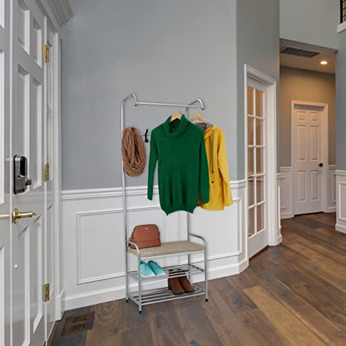 Relaxdays Garderoba z półką na buty i ławką do siedzenia, metalowa, stojąca, garderoba do przedpokoju z 4 haczykami, wys. x szer. x gł.: 173 x 64 x 30 cm, szara - obrazek 6