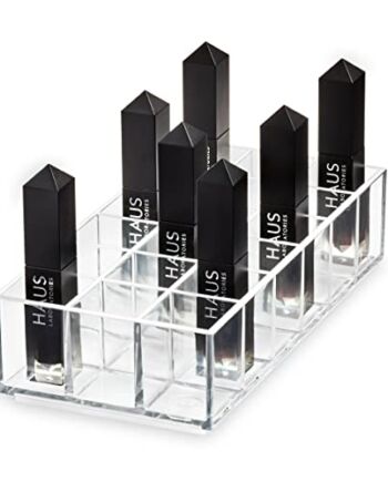 iDesign Seria z podzielonymi szminkami firmy Sarah Tanno, długi organizer PET do przechowywania makijażu, przezroczyste / matowe białe, 20,2 x 10 x 5 cm