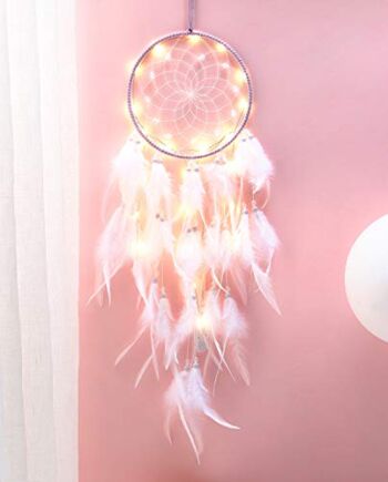Hongyans Łapacz snów z oświetleniem LED, ręcznie wykonany, łapacz snów z piórami, dekoracja do sypialni, na wesele, ozdoba na ścianę, ornament, dla dziewczynek, dzieci, prezent