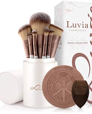 Zestaw pędzli do makijażu Luvia, Prime Vegan Pro, 12 pędzli do makijażu, w tym pojemnik na pędzle, gąbka do blendowania i mata do czyszczenia pędzli kosmetycznych, w perłowa biel i kawowy brąz