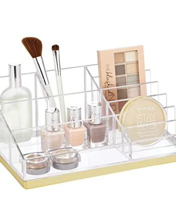mDesign Organizer na kosmetyki – Segregator na kosmetyki – Organizer plastikowy na kosmetyki – 10 przegródek – Przezroczysty/Złoty mosiądz