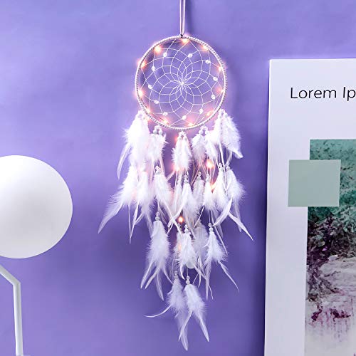 Hongyans Łapacz snów z oświetleniem LED, ręcznie wykonany, łapacz snów z piórami, dekoracja do sypialni, na wesele, ozdoba na ścianę, ornament, dla dziewczynek, dzieci, prezent - obrazek 5