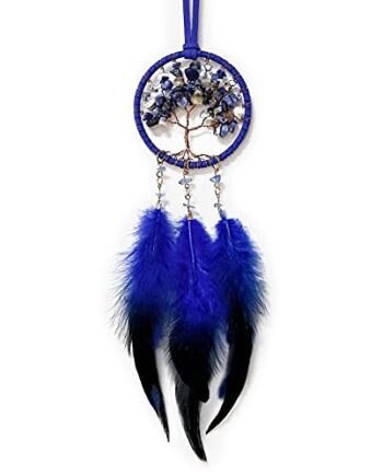 Weldomcor Wiszący łapacz snów w kształcie drzewa życia, ręcznie wykonane pióra, w stylu boho, lusterko wsteczne, wisząca ozdoba na ścianę, dekoracja na baby shower, wesele, kolor niebieski