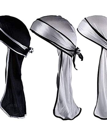 LEEQ Silky Durag długie ogon opaski na głowę szerokie paski czapka pirackie gładka czapka (kolor: zestaw 1, 3 sztuki)