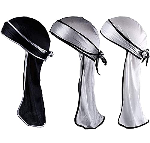 LEEQ Silky Durag długie ogon opaski na głowę szerokie paski czapka pirackie gładka czapka (kolor: zestaw 1, 3 sztuki)