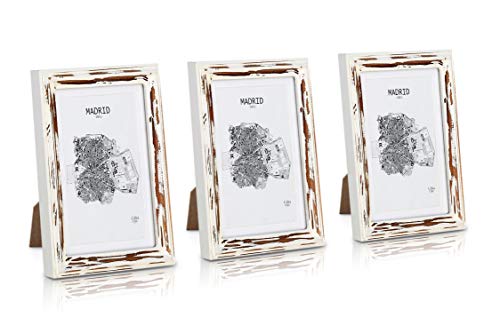 Shabby Chic ramka na zdjęcia 13 x 18 cm - zestaw 3 szt. - szklany front - z passe-partout na 10 x 15 zdjęć - szerokość ramy 2 cm - prawdziwe drewno - brązowy biały