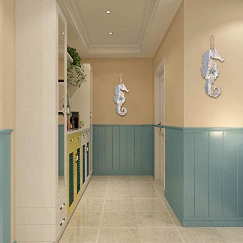 Smallterm Konik morski z drewna z gwiazdami morskimi i muszlami do dekoracji morskiej, dekoracja ścienna, ozdoba na plażę, temat, główna dekoracja - obrazek 7