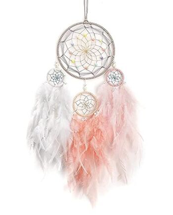 Bohemian dekoracja, łapacz snów, biały, dekoracja ścienna, łapacz snów, pióra łapacza snów, ręcznie robione łapacze snów, z drewnianymi perłami i naturalnymi piórami, ozdoba na ścianę