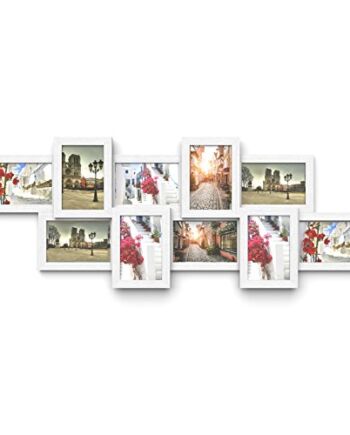 SONGMICS Ramka na zdjęcia, kolaż, na 10 zdjęć po 10 x 15 cm, ramka na zdjęcia z płyty MDF, wymagany montaż, biała, z rysunkiem słojów drewna RPF21W