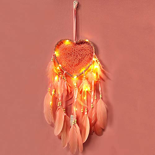 RAILONCH łapacz snów w stylu boho, w kształcie serca, ręcznie wykonany, lampa LED, ozdoba na ścianę, romantyczna dekoracja (kolor różowy, ze światłami) - obrazek 8