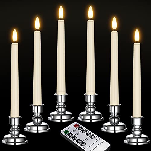 Ymenow Świece okienne, 6 szt. zasilane na baterie, bezpłomieniowe migoczące świeczki LED z pilotem zdalnego sterowania, timer, srebrny świecznik i knot 3D, bateria na kolację, do domu, na wesele dekoracja - obrazek 2