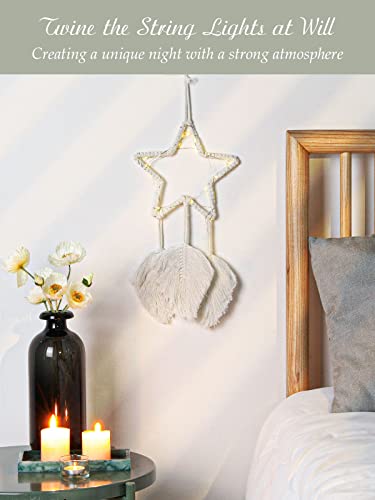 Shinowa Łapacz snów w kształcie gwiazdy, bawełniany, tkany, wiszący łapacz snów z łańcuchem świateł, makrama, dekoracja ścienna, artystyczna, kreatywny frędzle, wiszące do domu, boho, ozdoba rzemiosło, beżowy - obrazek 4