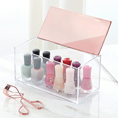 mDesign Organizer na kosmetyki do makijażu lub biżuterię – Plastikowe pudełko na kosmetyki z zamykaną pokrywką – Elegancki pojemnik do przechowywania – Przezroczysty/różowe złoto - obrazek 6