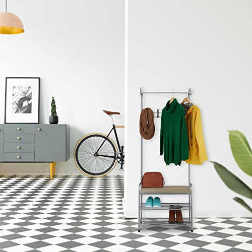 Relaxdays Garderoba z półką na buty i ławką do siedzenia, metalowa, stojąca, garderoba do przedpokoju z 4 haczykami, wys. x szer. x gł.: 173 x 64 x 30 cm, szara - obrazek 9