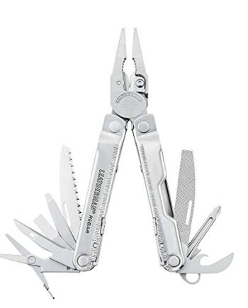 Leatherman Rebar – wielofunkcyjne narzędzie bez noży z 16 wbudowanymi narzędziami do samodzielnego montażu i biwakowania, wykonane w USA ze 100% stali nierdzewnej, w kolorze srebrnym i skórzaną kaburą