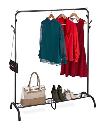 Relaxdays Wieszak na ubrania metalowy, półka, 6 haczyków, drążek na ubrania do sypialni, wys. x szer. x gł.: 145x132x44 cm, wolnostojący, czarny