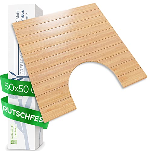 Mata toaletowa z wycięciem, bambusowa, 50 x 50 cm, dywanik do WC z drewna, mata do WC, mata bambusowa do łazienki, dywanik łazienkowy do toalety stojącej, dywanik toaletowy z wycięciem, mata do łazienki