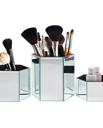 Kurtzy Makeup Organizer (zestaw 3) - lustrzane, sześciokątne srebrne stojaki na pędzle do makijażu - duże, średnie i małe geometryczne pojemniki do przechowywania kosmetyków do toaletki