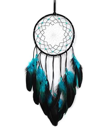 Zueyen Łapacz snów, ręcznie robione, wykwintne pióro i koraliki do powieszenia na ścianie, dekoracja domu, tradycyjna sztuka, ozdoba rękodzieło, dla dzieci / samochodów, sypialni/prezent (niebieski)